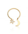 14K Gold Beaded 0.10 Ct. Genuine Diamond Dangling Star Moon Ring Fine Jewelry