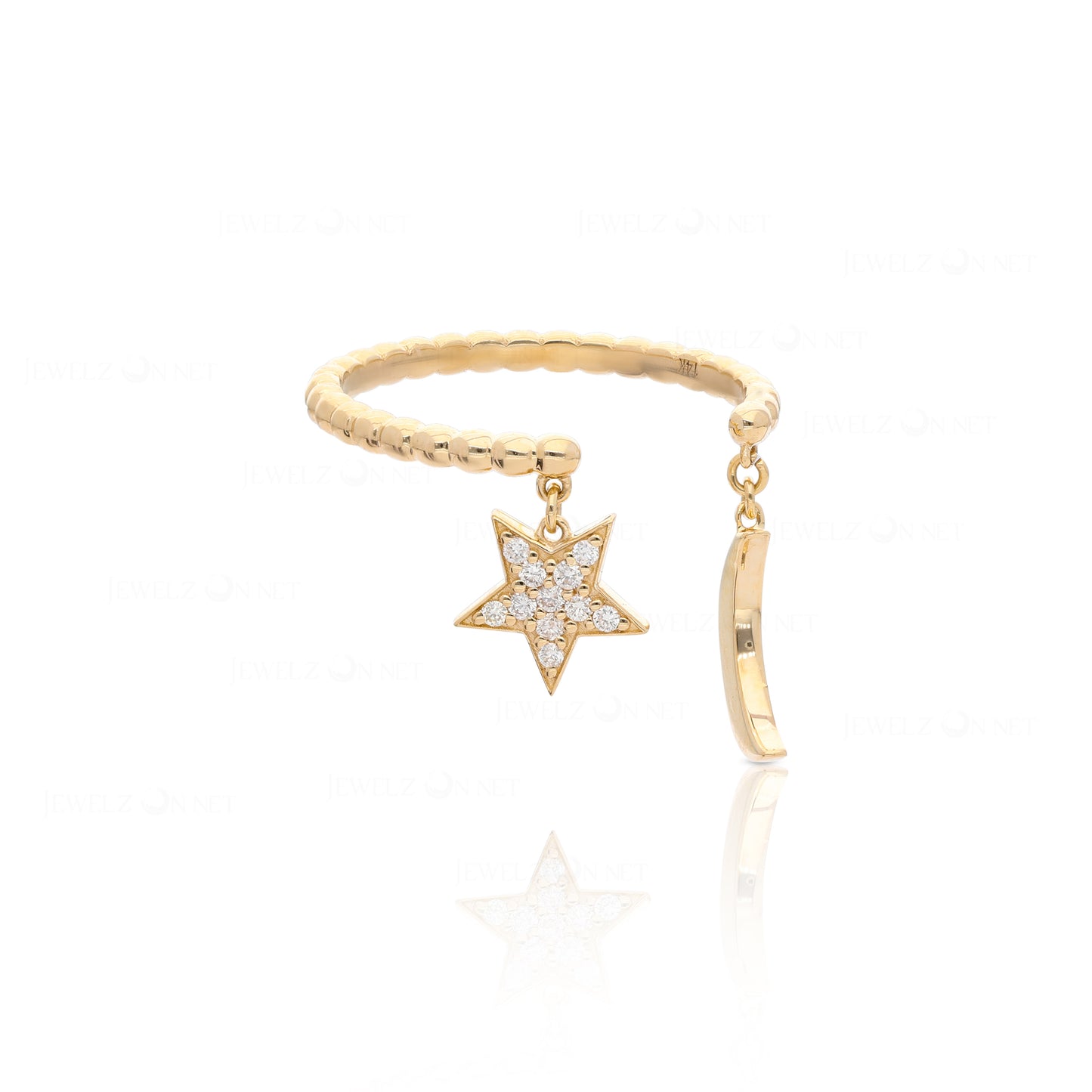 14K Gold Beaded 0.10 Ct. Genuine Diamond Dangling Star Moon Ring Fine Jewelry