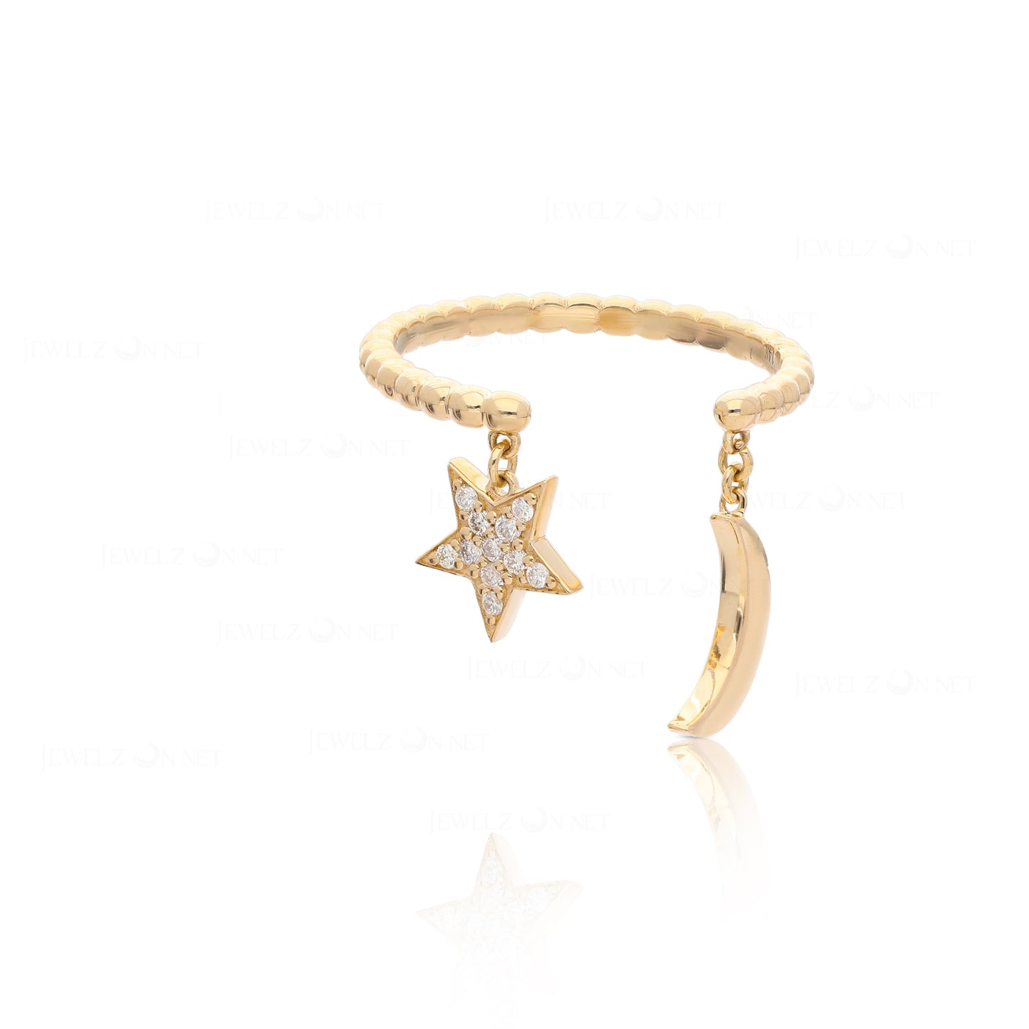 14K Gold Beaded 0.10 Ct. Genuine Diamond Dangling Star Moon Ring Fine Jewelry