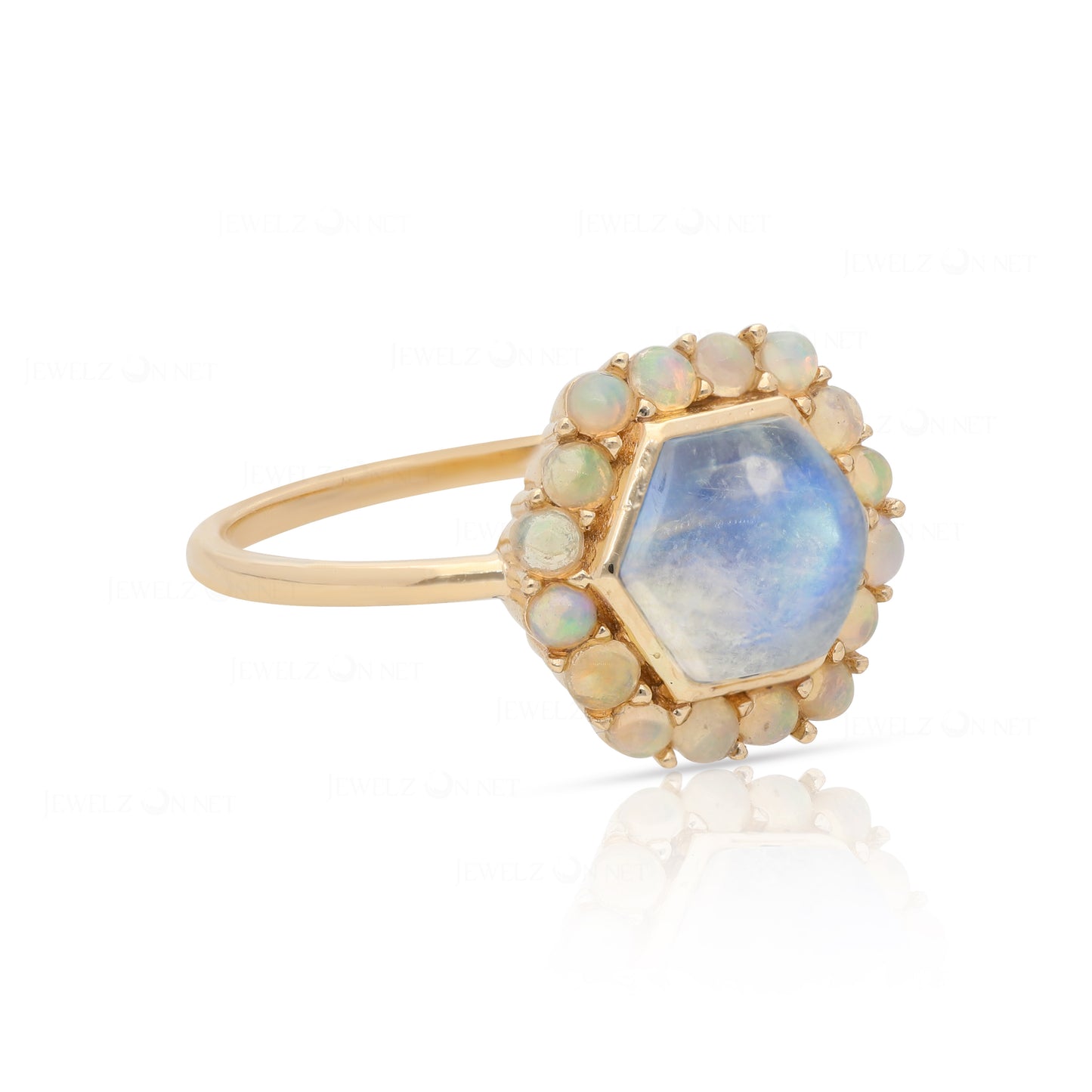 14K Gold Genuine Opal And Rainbow Moonstone Ring Birthday Gift Fine Jewelry