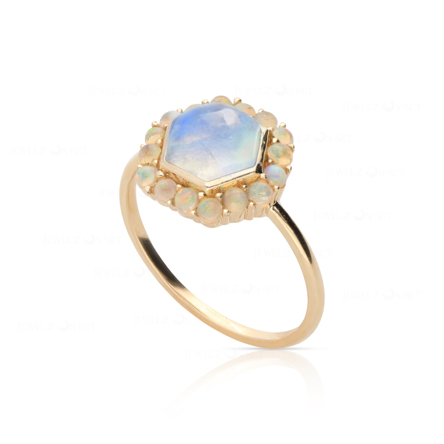 14K Gold Genuine Opal And Rainbow Moonstone Ring Birthday Gift Fine Jewelry