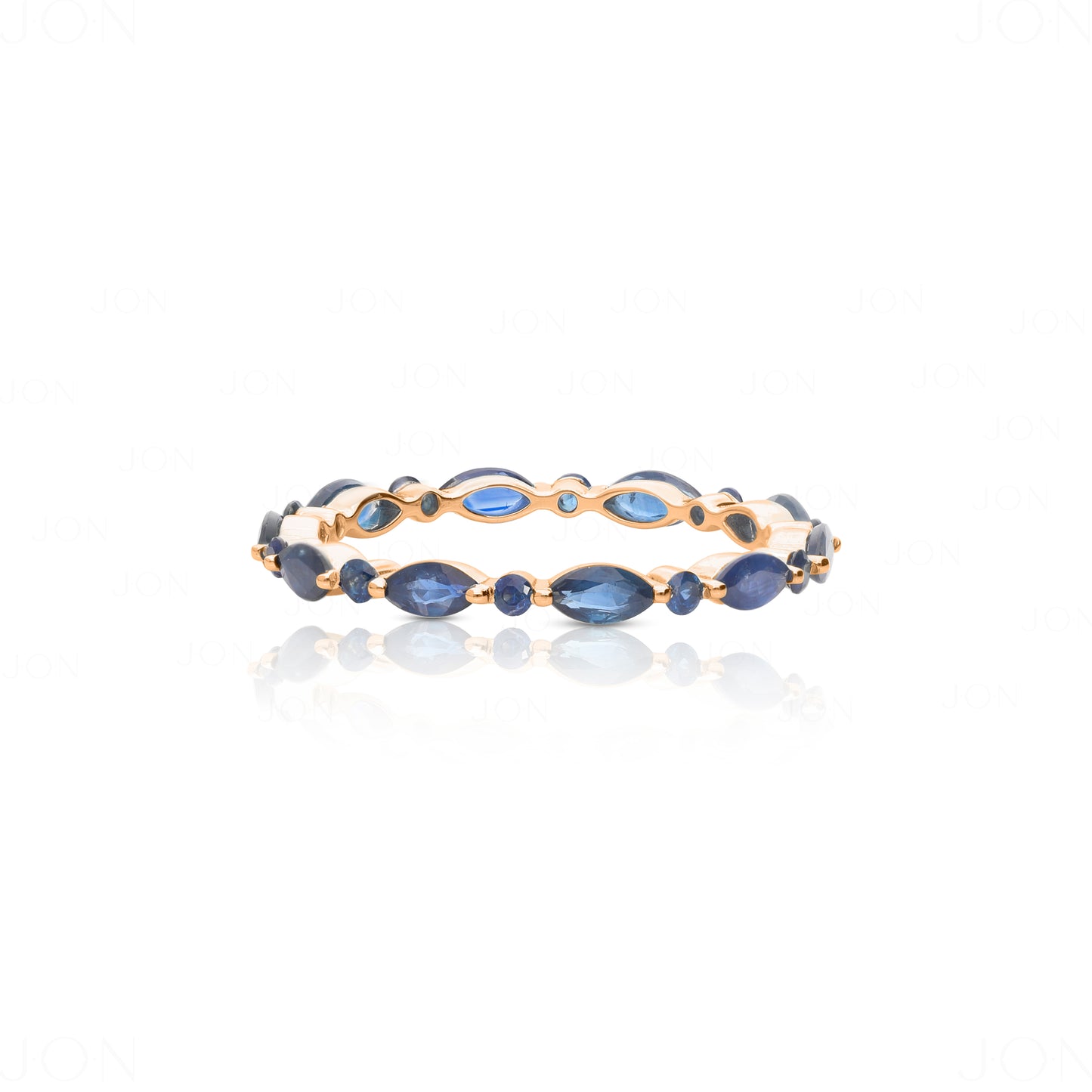 14K Gold Genuine Round-Marquise Blue Sapphire Eternity Band Ring Fine Jewelry