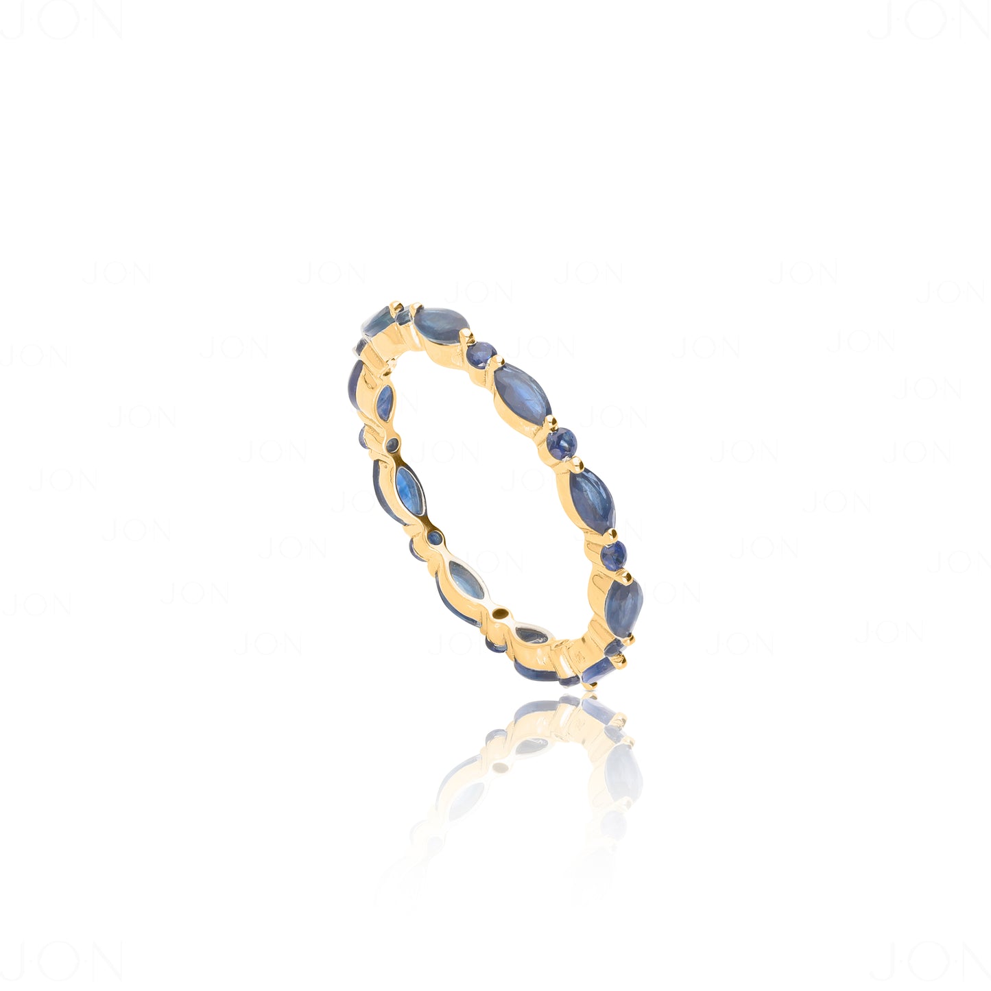 14K Gold Genuine Round-Marquise Blue Sapphire Eternity Band Ring Fine Jewelry