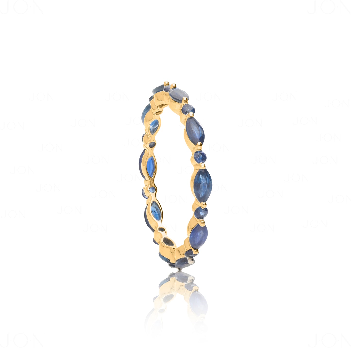 14K Gold Genuine Round-Marquise Blue Sapphire Eternity Band Ring Fine Jewelry