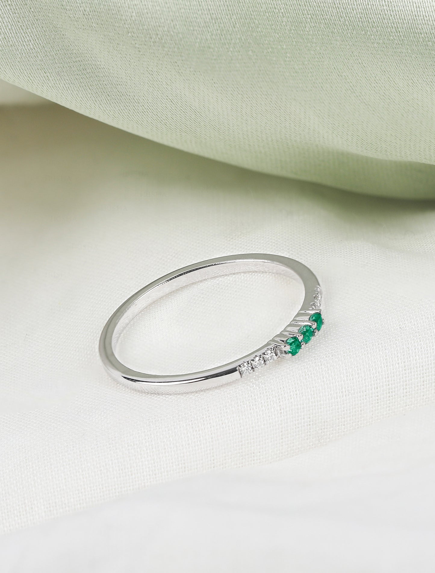 14K Gold Genuine Diamond Emerald Stackable Ring Fine Jewelry