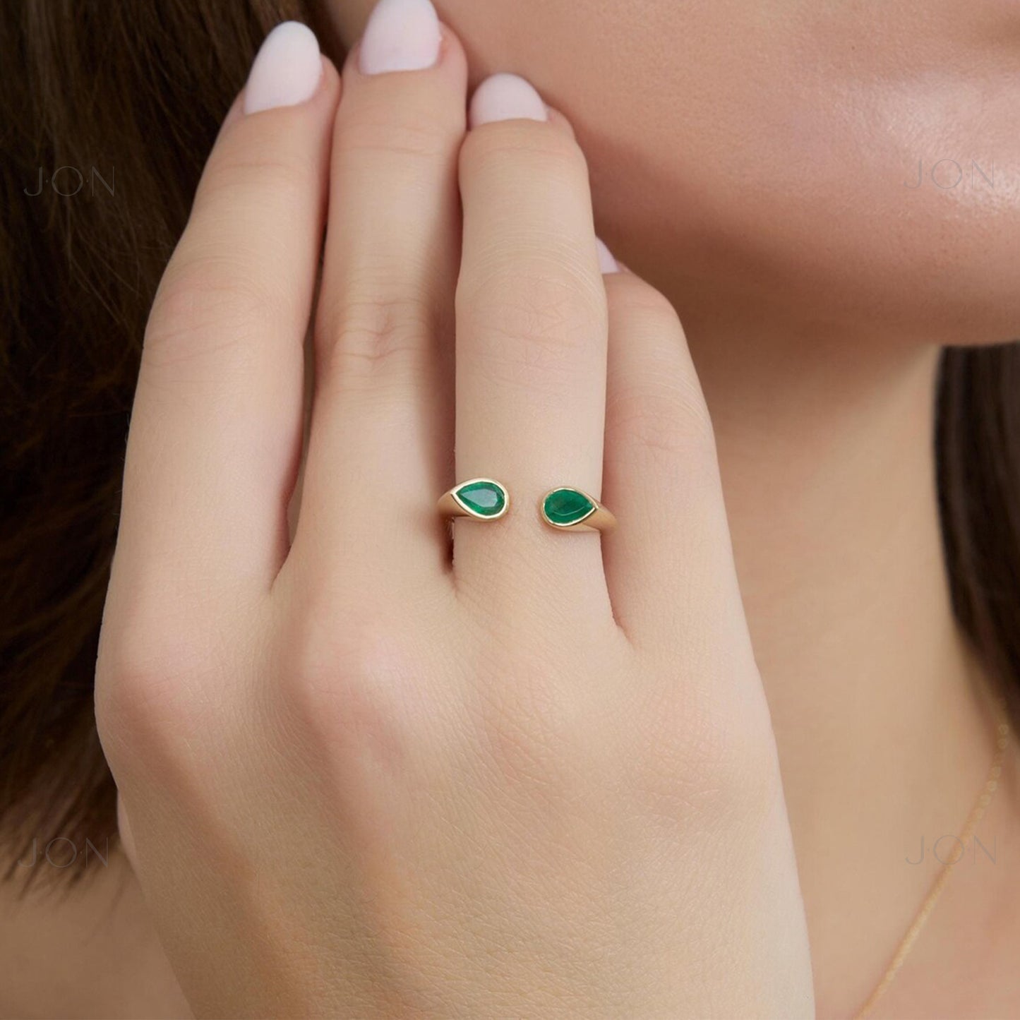 18K Gold Natural Pear-Shaped Emerald Open Cuff Ring - Statement Jewelry