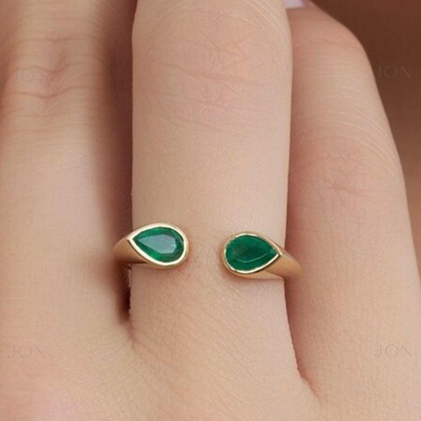 18K Gold Natural Pear-Shaped Emerald Open Cuff Ring - Statement Jewelry