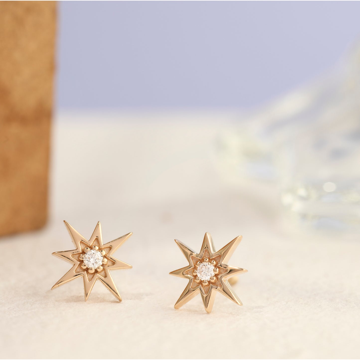 14K Gold 0.04 Ct. Genuine Diamond Mini Starburst Studs Earrings Fine Jewelry