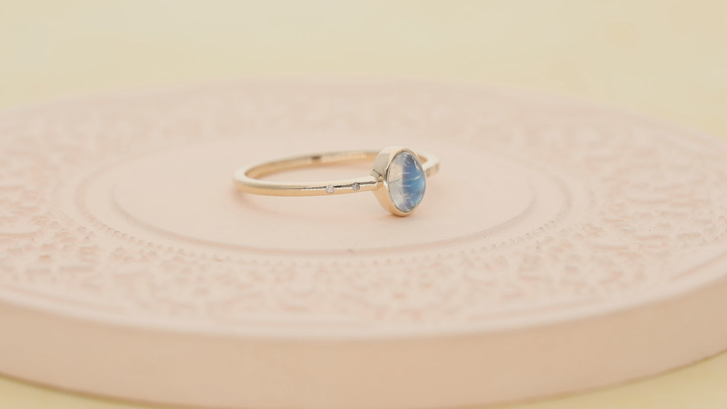 14K Gold Genuine Diamond - Rainbow Moonstone Delicate Wedding Ring Fine Jewelry