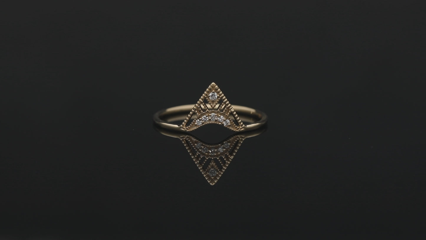 14K Gold 0.08 Ct. Genuine Diamond Antique Crown Design Vintage Ring Fine Jewelry
