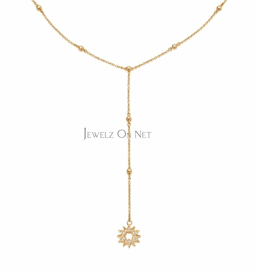 14K Gold 0.18 Ct Natural Diamond Sun Charm Drop Lariat Necklace-Jewelzofny