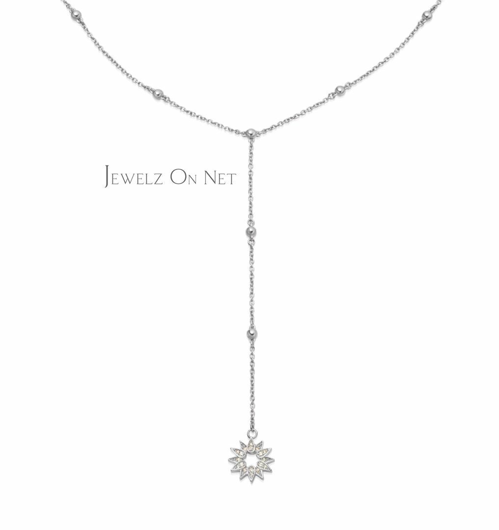 14K Gold 0.18 Ct Natural Diamond Sun Charm Drop Lariat Necklace-Jewelzofny