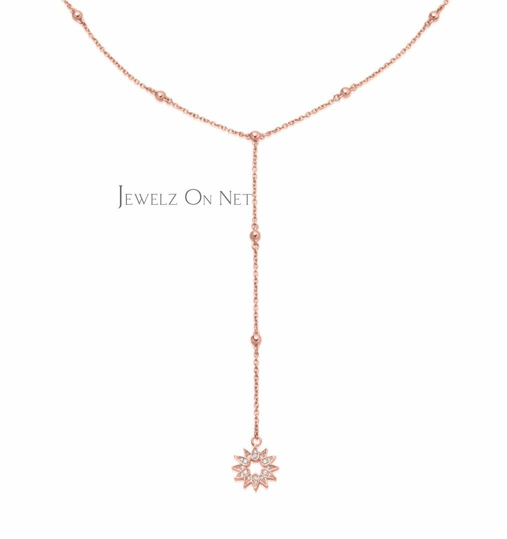 14K Gold 0.18 Ct Natural Diamond Sun Charm Drop Lariat Necklace-Jewelzofny