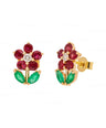 14K Gold Genuine Diamond Ruby And Emerald Gemstone Leaf Floral Fine Earrings