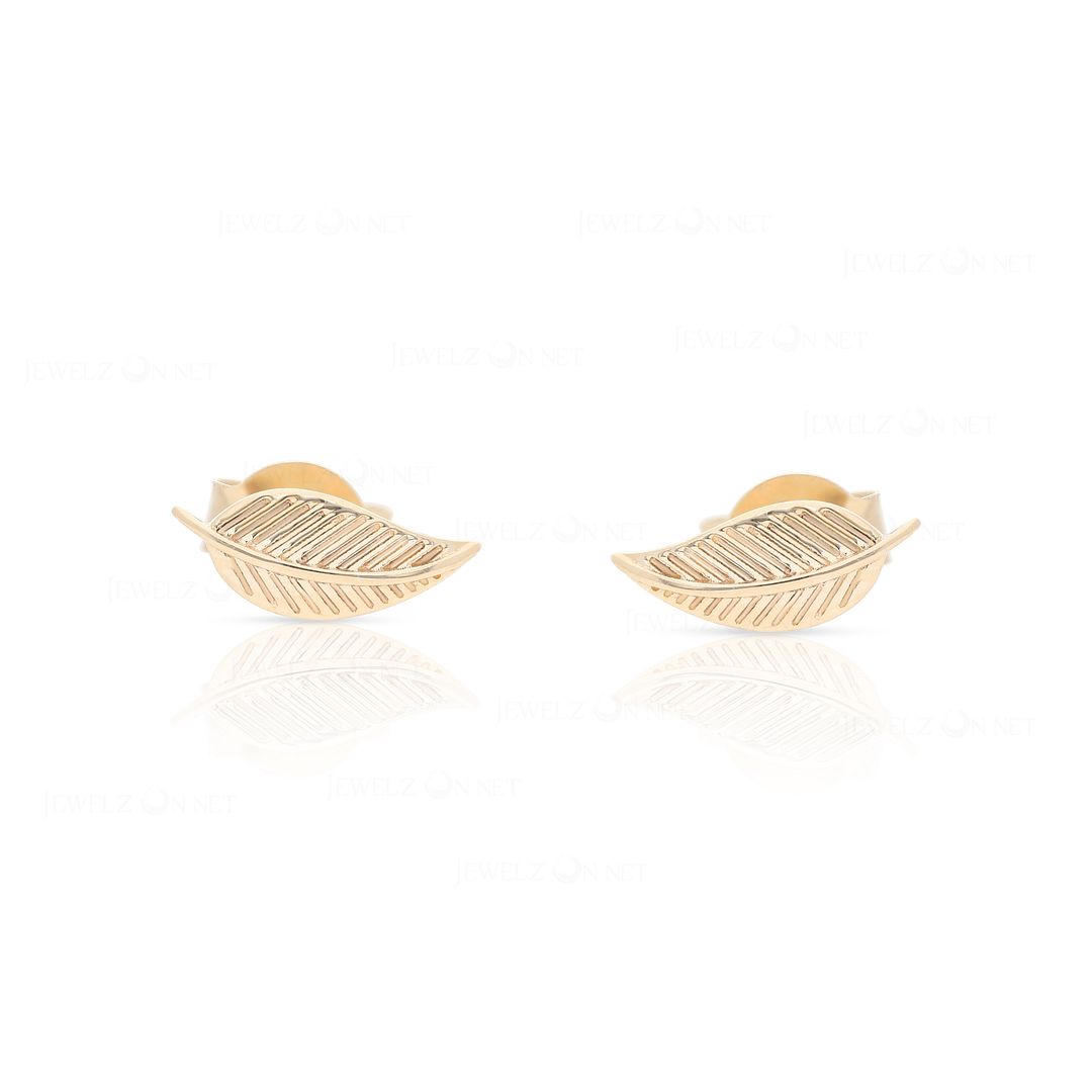 14K Solid Gold Tiny 6 mm Leaf Design Studs Earrings Fine Jewelry