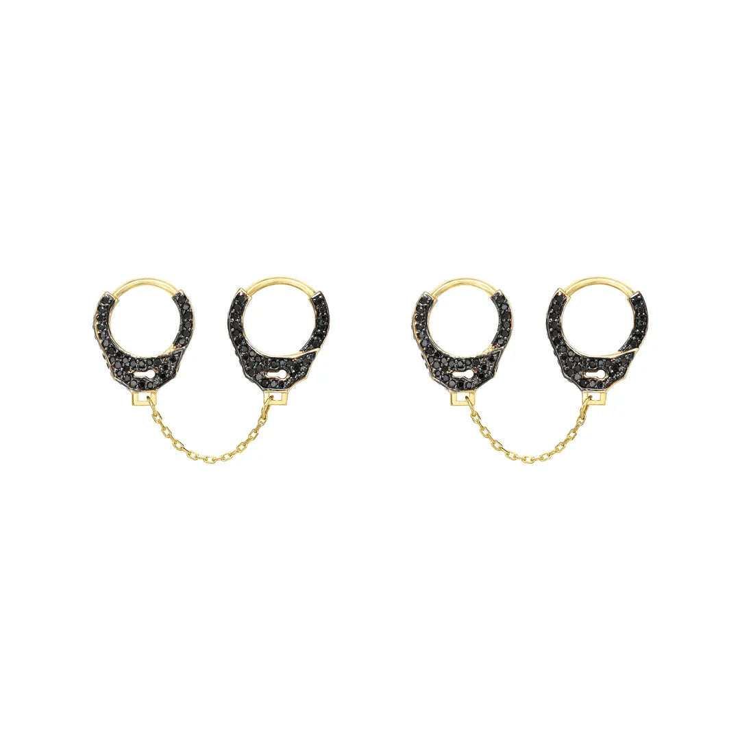 Double Piercing Handcuff Earrings|14k Gold, Black Diamond