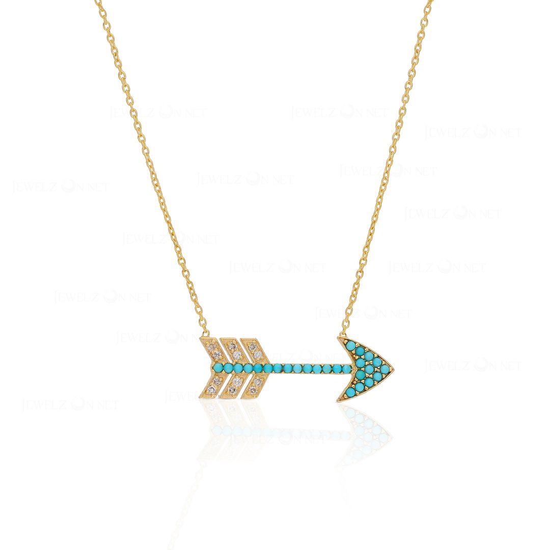 14K Gold Genuine Diamond And Turquoise Gemstone Arrow Pendant Necklace Jewelry