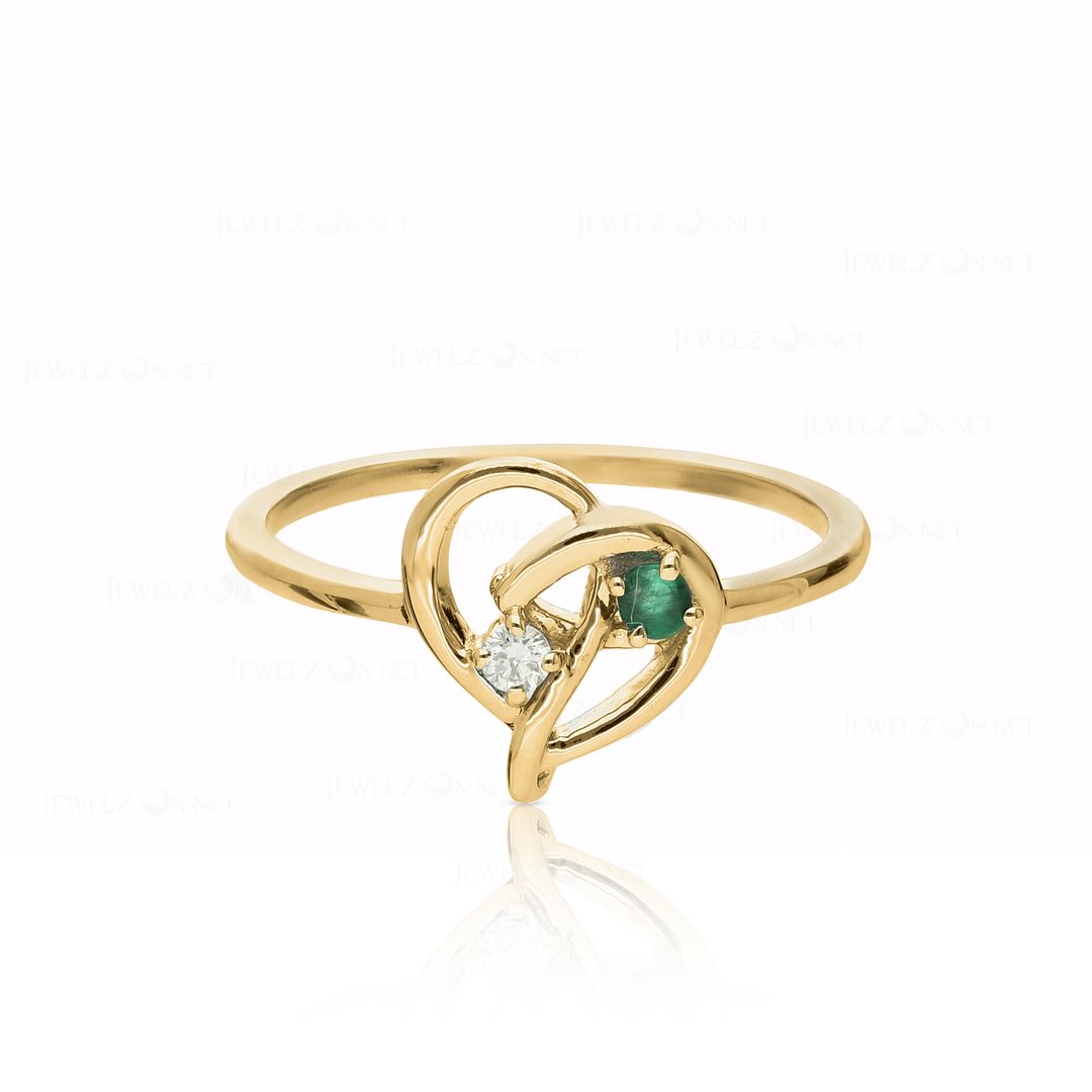 14K Gold Genuine Diamond-Emerald Gemstone Unique Heart Design Ring Fine Jewelry