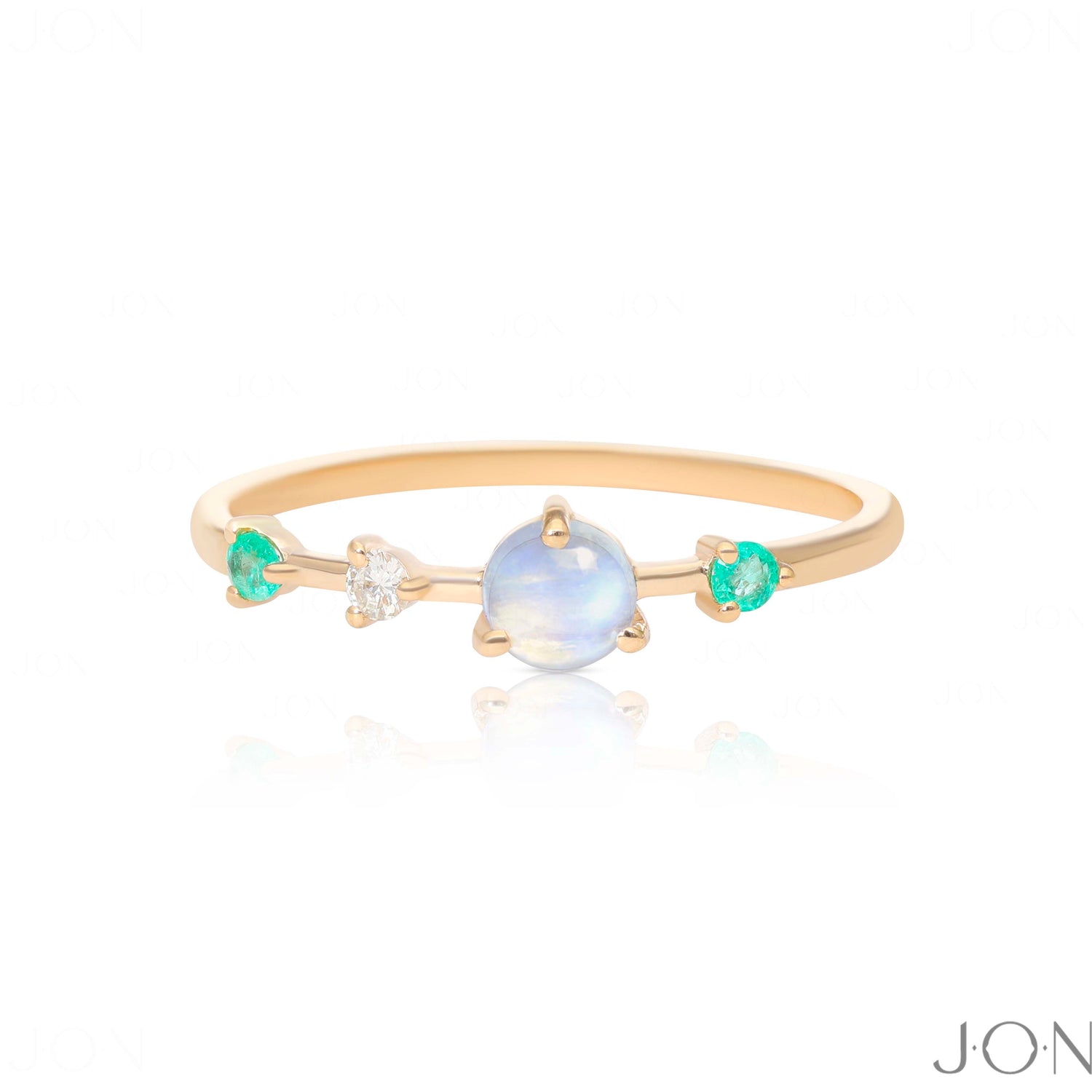 14K Gold Genuine Diamond Rainbow Moonstone Emerald Gemstone Ring Fine Jewelry