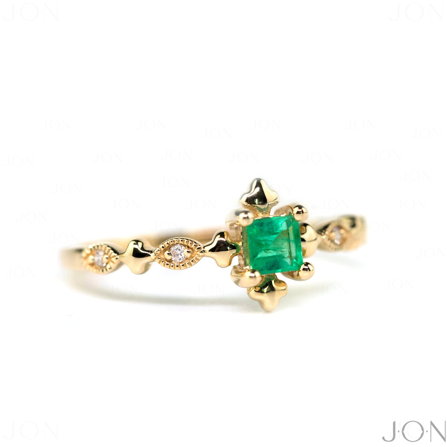 14K Gold Genuine Diamond And Square Emerald Vintage Style Ring Fine Jewelry