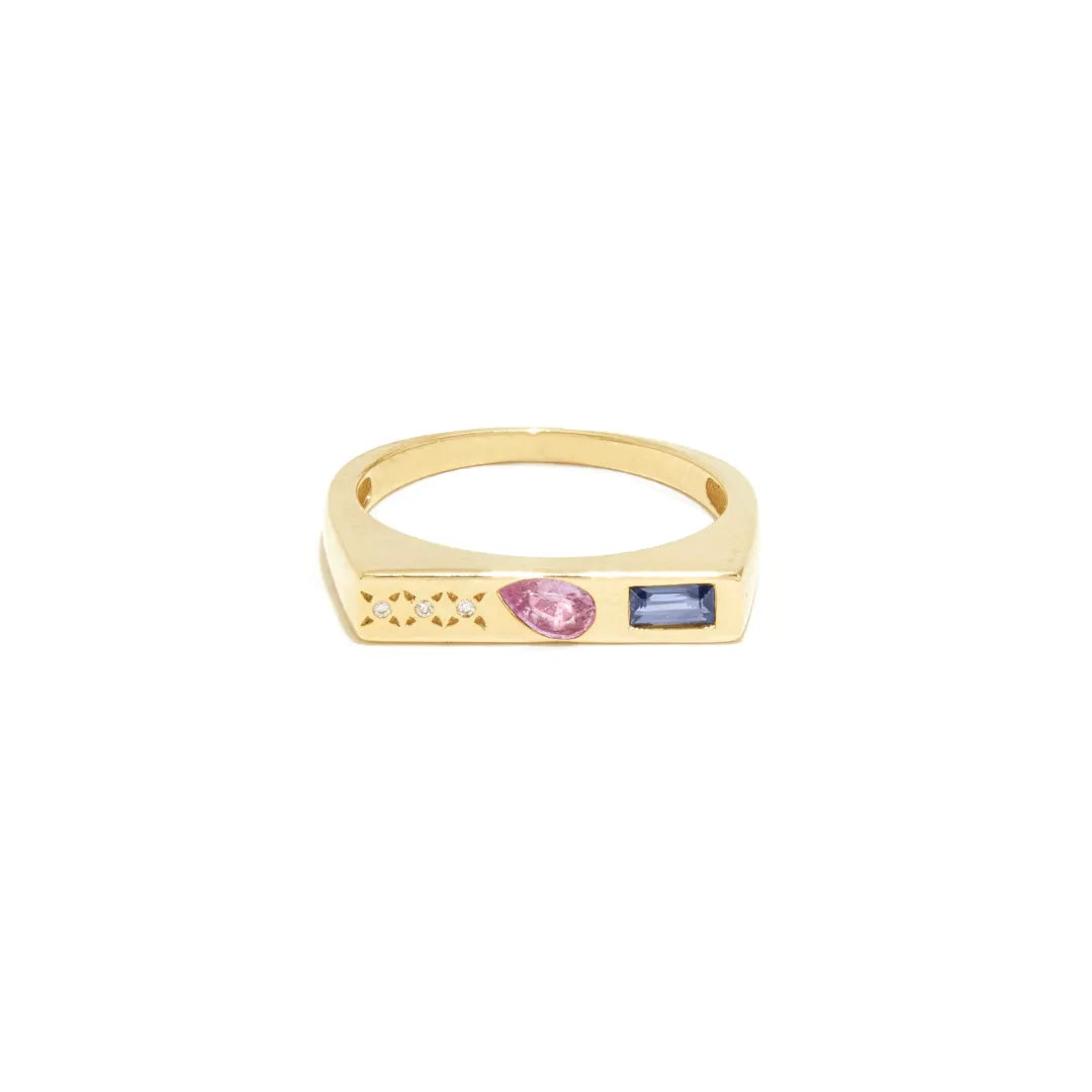 Horizontal Signet Ring|Diamond, Pink n Blue Sapphire