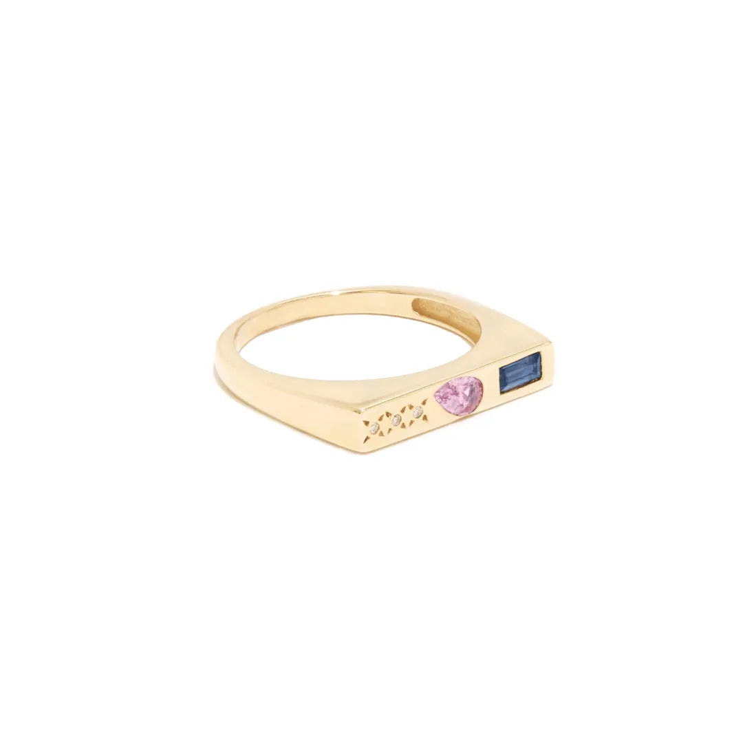 Horizontal Signet Ring|Diamond, Pink n Blue Sapphire