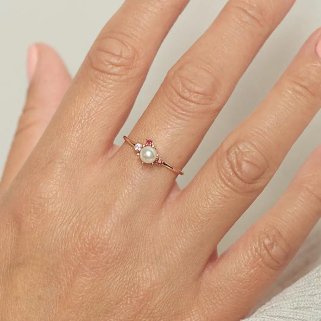 Freshwater Pearl Gemstone Cluster Ring|14k Gold, Ruby, Emerald